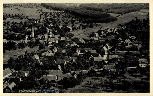 Postcard Feldrennach Straubenhardt in the Black Forest, aerial view of church tower visible, rural surroundings