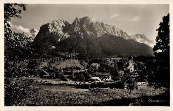 Postcard Obergrainau Grainau in Upper Bavaria, black and white photo of a mountain landscape with a village...