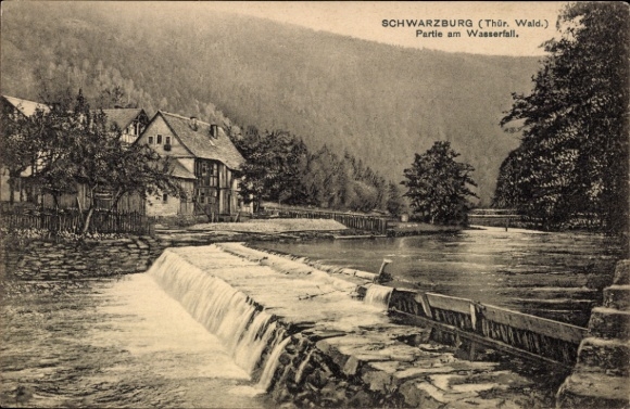 Postcard Schwarzburg in Thuringia, waterfall, building, forest, Thuringian Forest
