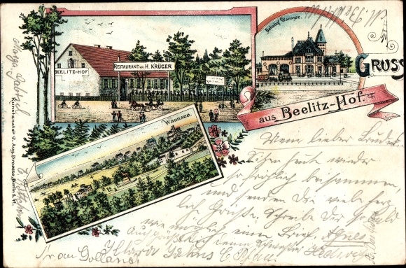 Chromo-Litho Berlin Zehlendorf Nikolassee, Beelitzhof, Restaurant H. Krüger, Wannsee station