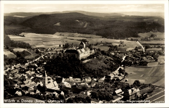 Ak Wörth an der Donau Oberpfalz Bayern, Landschaft mit Wörther Schloss, viele Häuser, Felder, Wal