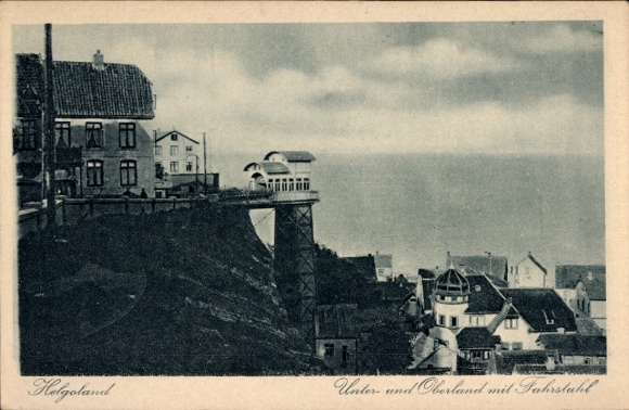 Postcard Helgoland in Schleswig Holstein, Lower and Upper Land with elevator