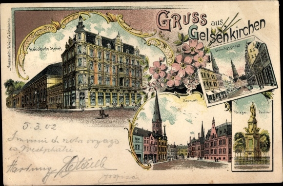 Chromo-Litho Gelsenkirchen in the Ruhr area, Bahnhofshotel, Neumarkt, war memorial, Bahnhofstrasse