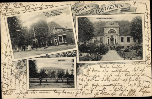 Postcard Lübtheen in Mecklenburg, factory of plaster figures, post office, seminar