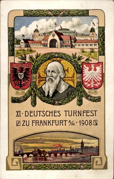 Ansichtkaart Frankfurt am Main, XI Duits Gymnastiekfestival 1908, Feestzaal, Portret van Turnvater Jahn