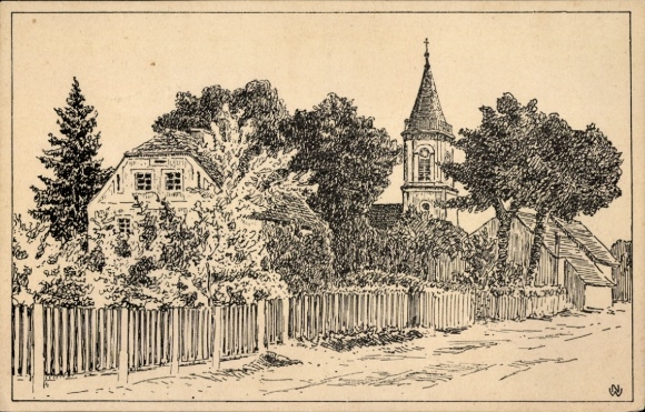 Artist Postcard Weigersdorf Hohendubrau in Upper Lusatia, Lutheran Church and Rectory