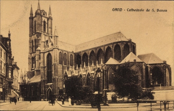 Postcard Gand Gent East Flanders, Cathedral of St. Bavo, city view, black and white photo