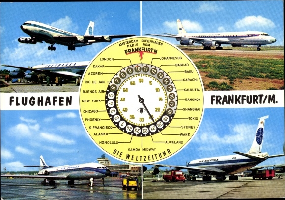 Ak Flughafen Frankfurt Main, Weltzeituhr, Passagierflugzeuge