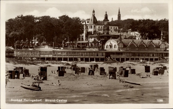 Postcard Ostseebad Heringsdorf on Usedom, seaside resort beach casino, beach chairs, buildings