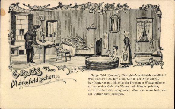 Postcard Lutherstadt Eisleben, greetings from Mansfeld, bathtub, good day, comrade...