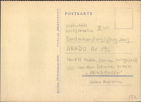 Postcard board plane lands, German fighter plane, Arado Ar 196, Luftwaffe, II WW