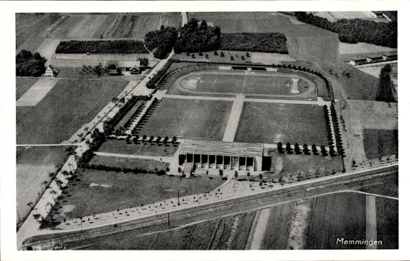 Postcard Memmingen in Swabia, aerial view, stadium, green meadows, trees, landscape