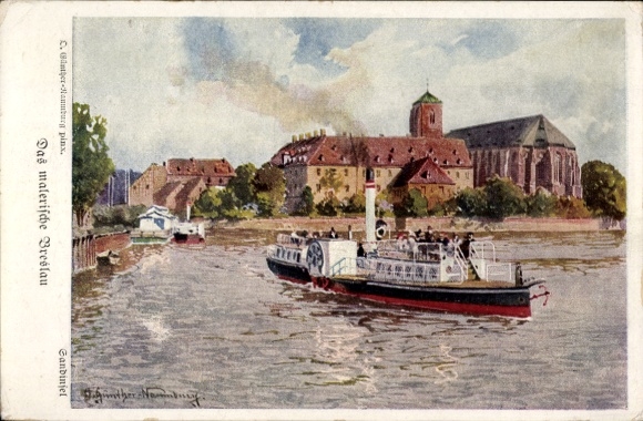 KP artystyczna Günther-Naumburg, D., Wrocław Breslau Śląsk, wyspa piaskowa, parowiec salonowy