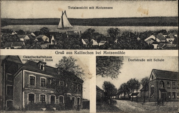 Postcard Kallinchen near Motzen Zossen, Hermann Ihme's community center, Dorfstrasse, Motzensee
