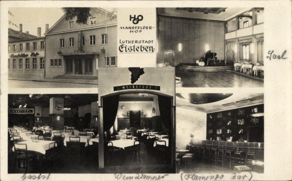 Postcard Lutherstadt Eisleben, Mansfelder Hof, Lutherstadt, interior views, wine room, Flamingo Bar