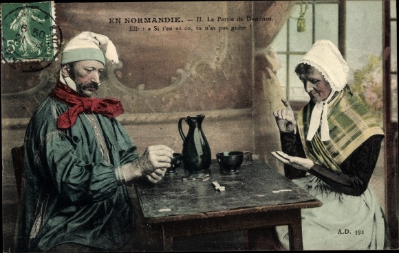 Postcard En Normandie, La Partie de Dominos, Couple in Tracht
