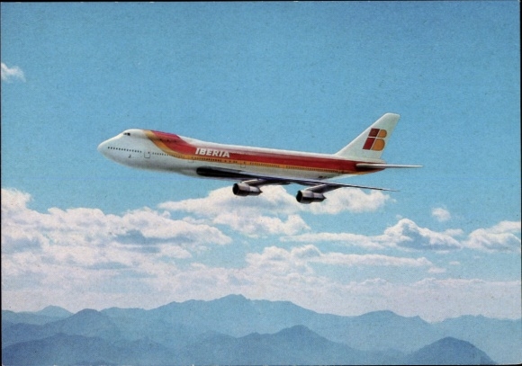 Postcard passenger aircraft Iberia Boeing 747 in the air