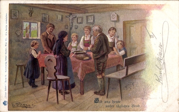 Kunstenaar Ak Döcker, E., familie aan tafelgebed