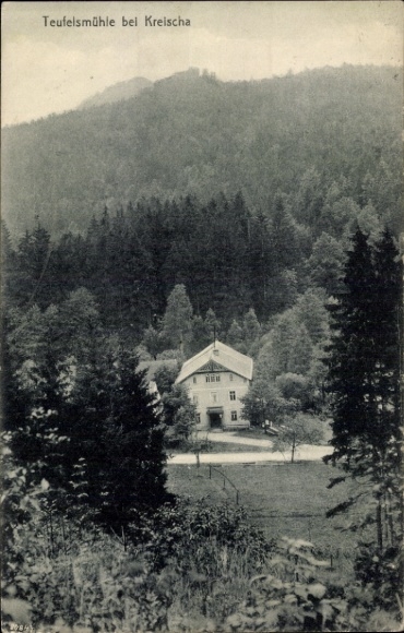 Postcard Kreischa near Dresden, Teufelsmühle, landscape, forest, building, black and white photo