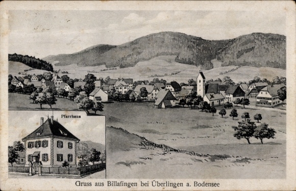 Ak Billafingen Owingen im Bodenseekreis Baden, Gesamtansicht, Pfarrhaus