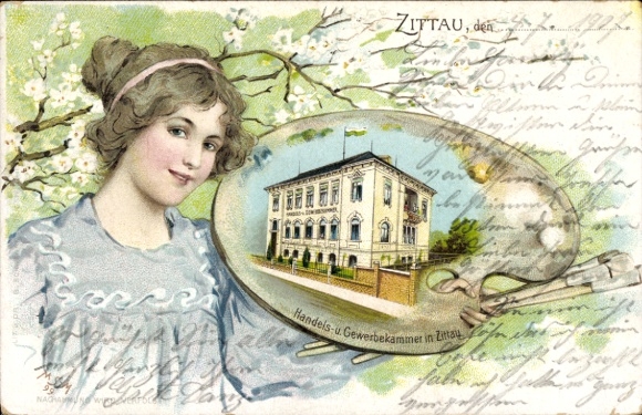 Passepartout Litho Zittau in Sachsen, Handels- und Gewerbekammer, Frau mit Malerpalette