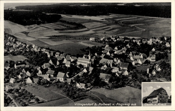 Ak Villingendorf bei Rottweil, Luftaufnahme von  Gasth. z. Kreuz, ländliche Umgebung, Häuser