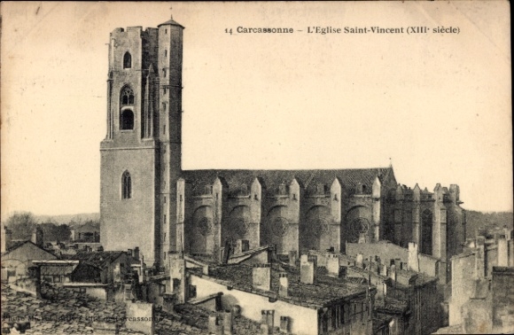 KP Carcassonne Aude, Eglise Saint-Vincent, XIII wiek, widok miasta, bez ludzi