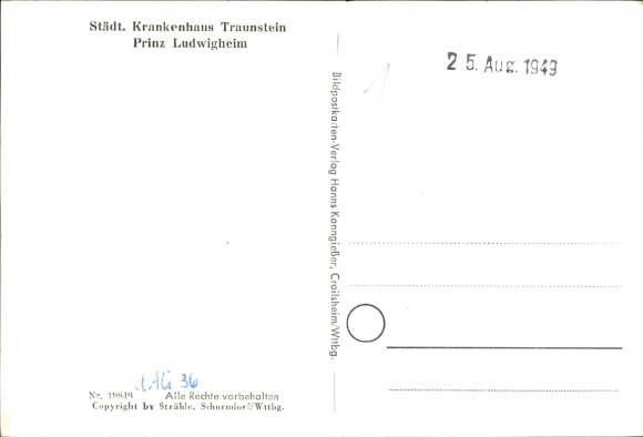 Postcard Traunstein in Upper Bavaria, aerial view of the municipal hospital surroundings, trees