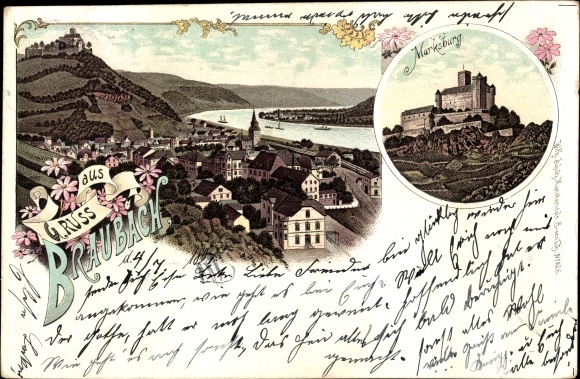 Chromo-Litho Braubach in the Rhein Lahn district, town panorama, view of the Marksburg