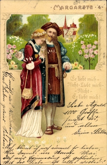 Reliëf litho Margarete, Hij houdt van mij, hij houdt niet van mij, Faust, Goethe