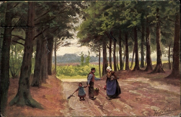 Artist Postcard Gerstenhauer, Dutch motif, forest path, woman in traditional costume
