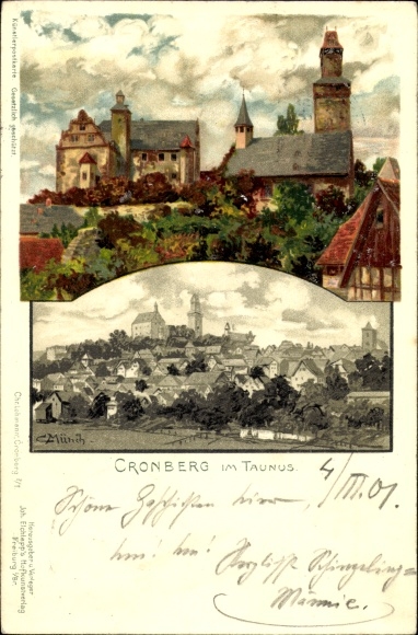 Artist Chromo-Litho Münch, C., Kronberg im Taunus Hesse, town, castle