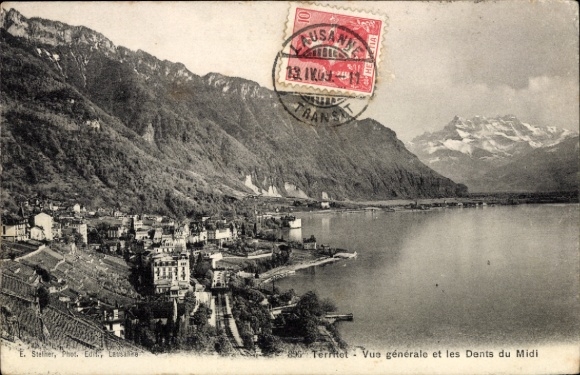 KP Territet Montreux Kanton Vaud, krajobraz z górami, jeziorem, miastem Dents du Midi, stempel pocztowy