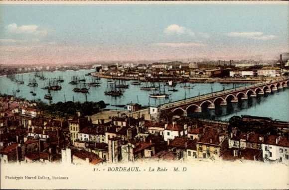 Ansichtkaart Bordeaux Gironde, havengezicht, schepen, brug, fotografie door Marcel Delboy