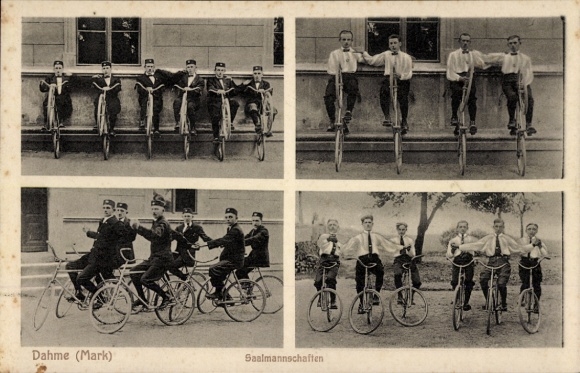 Postcard Dahme in der Mark, hall teams, radar operators, bicycles