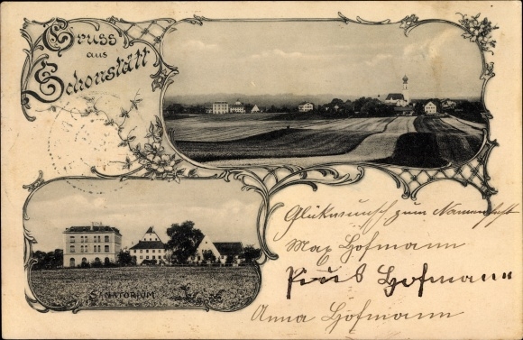 PC Schonstätt Schonstett Oberbayern, view over the fields to the town, sanatorium
