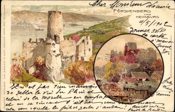 Kunstenaar litho Wielandt, Manuel, Rheindiebach Oberdiebach, kasteel Fürstenberg, Heimburg