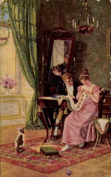 Artist Postcard Martin, A tender question, lovers, embroidering woman