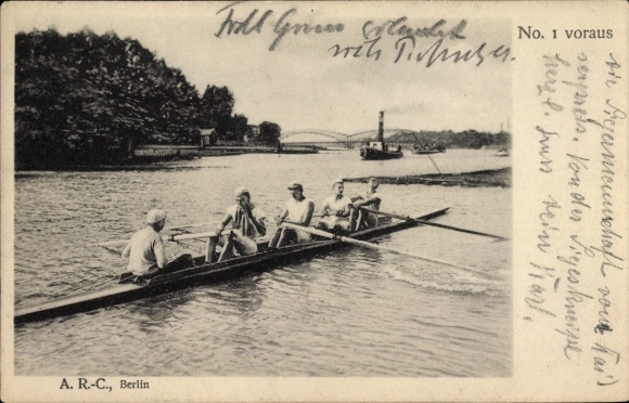 Postcard Five men in a kayak, rowing