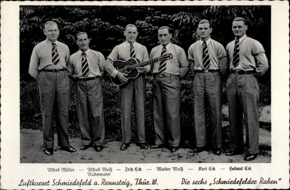 Postcard Schmiedefeld on the Rennsteig Suhl Thuringia, the six Schmiedefelder Raben, Möller, Weiß, Eck