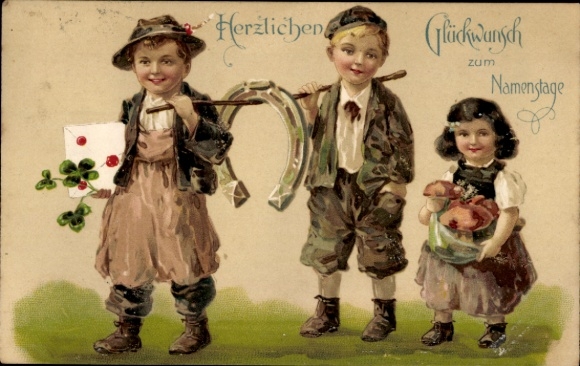 Postcard Congratulations Birthday, Well-wishers, Horseshoes, Clovers, Fly Agarics