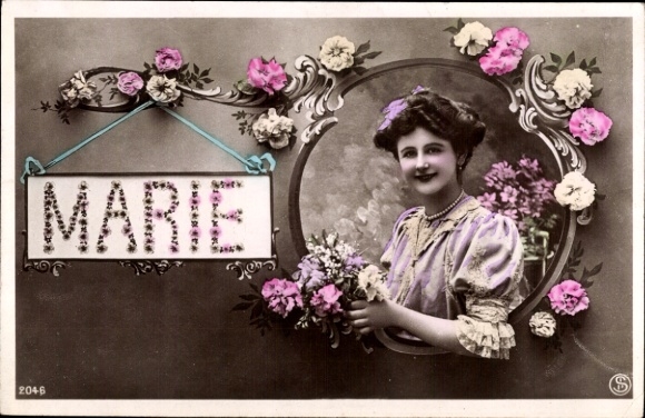 Letters Postcard Marie, Woman, Portrait, Flowers