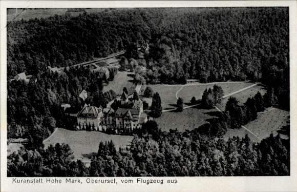 Postcard Hohe Mark Hohemark Oberursel in the Taunus Hesse, aerial photograph, sanatorium Hohe Mark, large parka