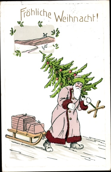 Embossed Postcard Merry Christmas, Santa Claus with fir tree, sleigh, gifts