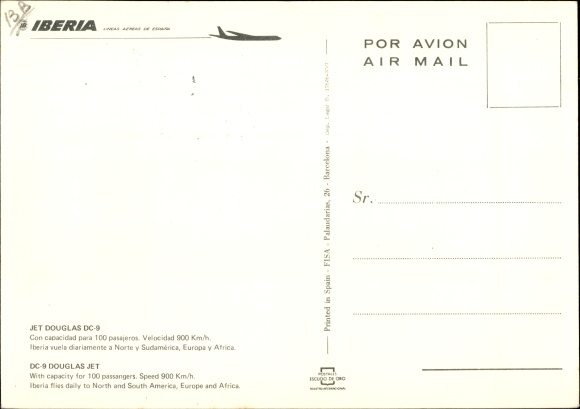 Postcard Spanish passenger plane, Iberia, Douglas DC 9