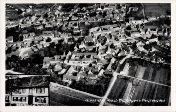 Postcard Großbrembach Buttstädt in Thuringia, aerial photograph, restaurant and butcher shop Gengelbach