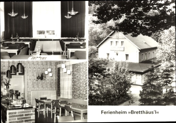 Postcard Luchau Glassworks in the Eastern Ore Mountains, Bretthäusl holiday home, VEB Eisenhammerwerk Dresden Dölzschen