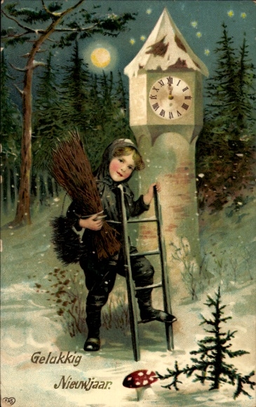 Embossed Postcard Congratulations New Year, chimney sweep, clock, fly agaric, EAS