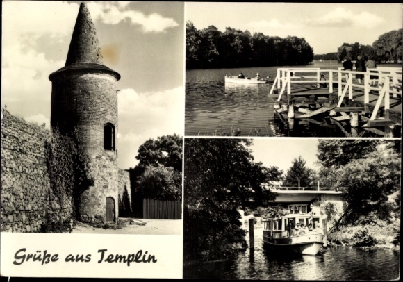 Ak Templin in der Uckermark, Schwarzweiß-Bilder, historischer Turm, Bootsanlegestelle, Hafen; ...