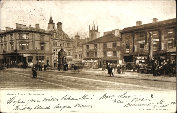 Postcard Huddersfield Yorkshire England, market square, buildings, fountain, shops